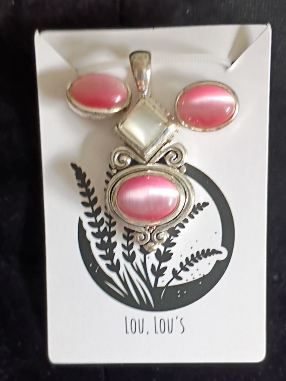 Pink Cat's Eye Stone Pendant With Matching Earrings